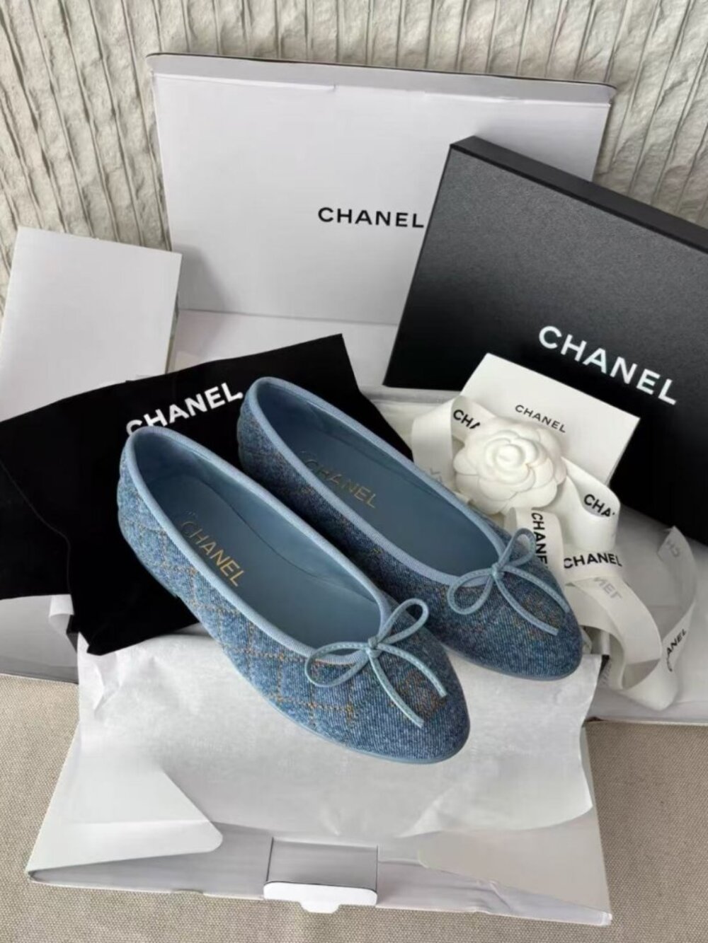 CHANEL Blue Denim Quilted Bow Ballet Flats